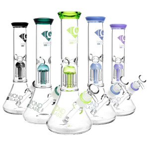 Diamond Glass Clear Mansion Water Pipe | 11" | 14mmF | Colors Vary