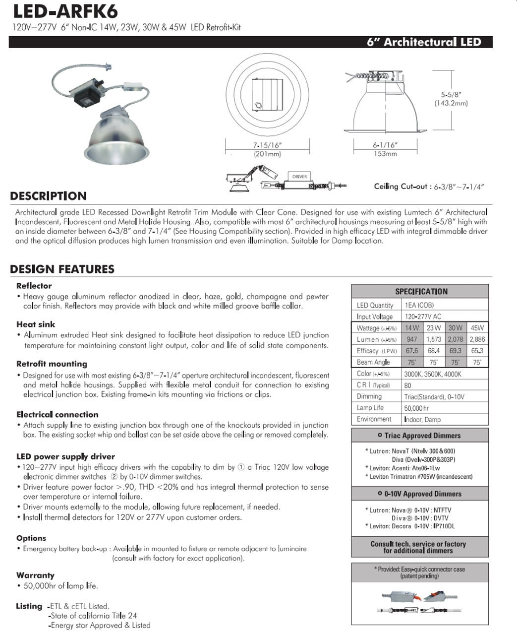 LED-ARFK6  120V~277V Non-IC 6“ 14W, 23W, 30W & 45W LED Retrofit-Kit