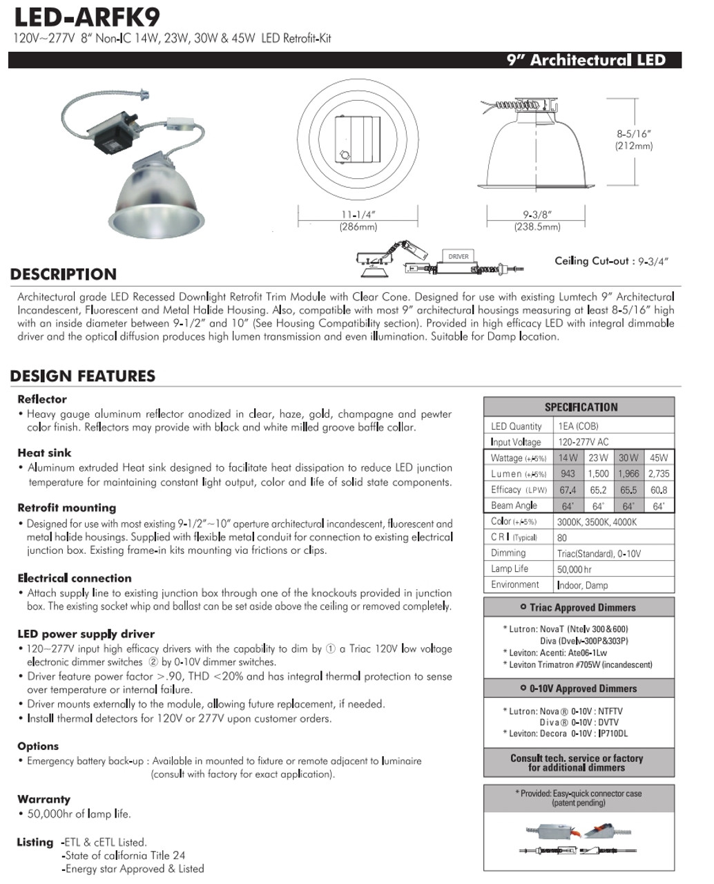 LED-ARFK9  120V~277V Non-IC 9“ 14W, 23W, 30W & 45W LED Retrofit-Kit