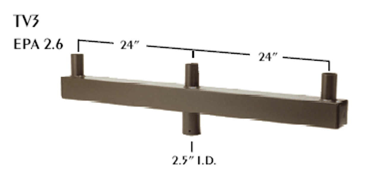 Application

The TV Series of Square Straight Bull Horns were designed to mount directly onto a 2-3/8” OD tenon to allow the mounting of multiple fixtures. 
Construction

The heavy duty bull horn is constructed of steel tubing. Each vertical tenon provided is 4” tall with a 2-3/8” outside diameter. Welding follows industry standards best practices. Stainless steel hardware provided.

Finish

A Super Durable Polyester powder coat finish is electrostatically applied in our state of the art paint facility. Standard colors available: Black, Bronze, US Green, White. Custom colors available upon request.