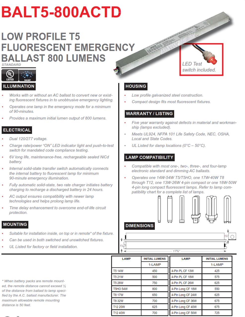 BALT5-800ACTD   800 Lumen T5 Fluorescent Emergency Ballast, AC Output with Time Delay