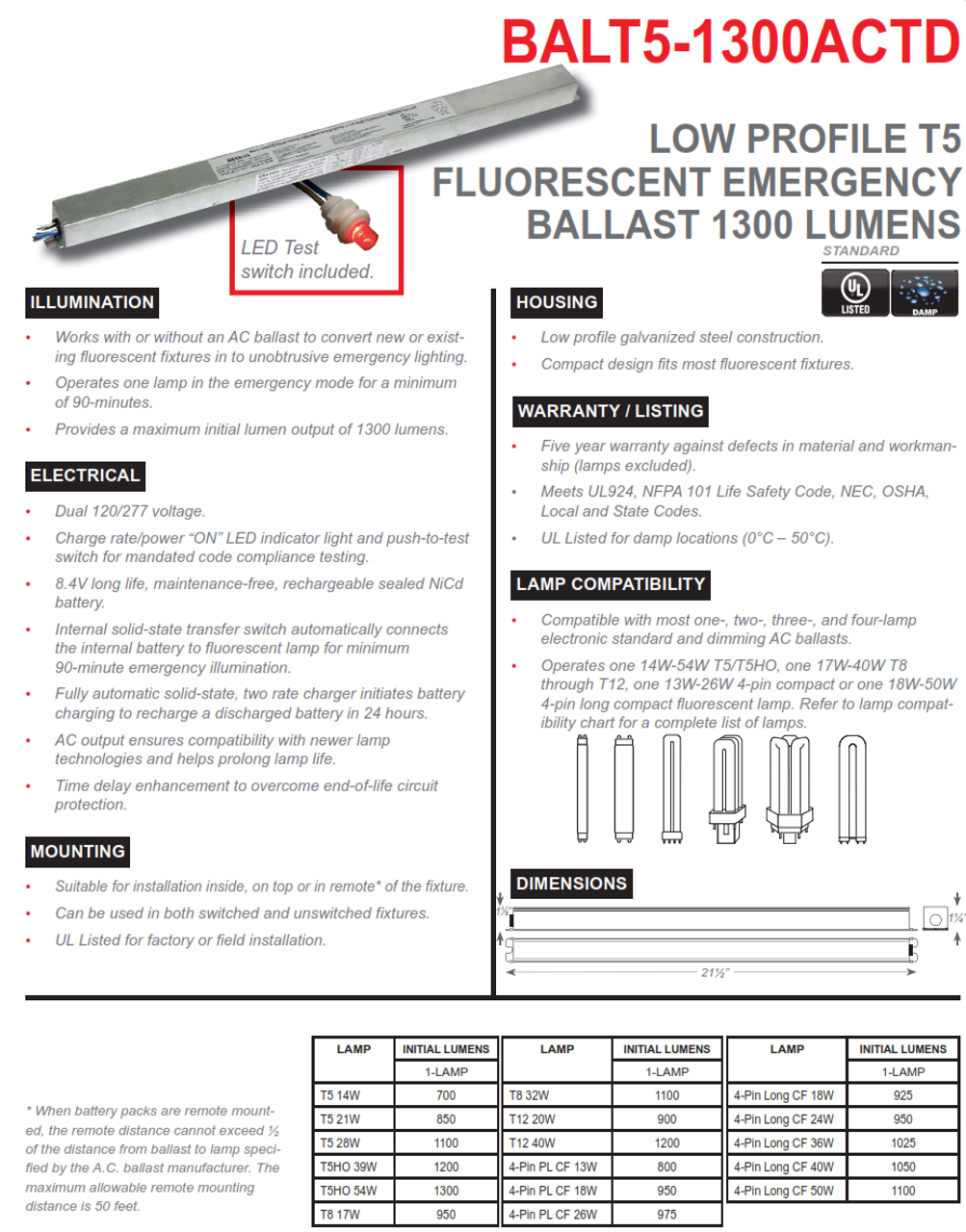 BALT5-1300ACTD   1300 Lumen T5 Fluorescent Emergency Ballas, AC Only with Time Delay