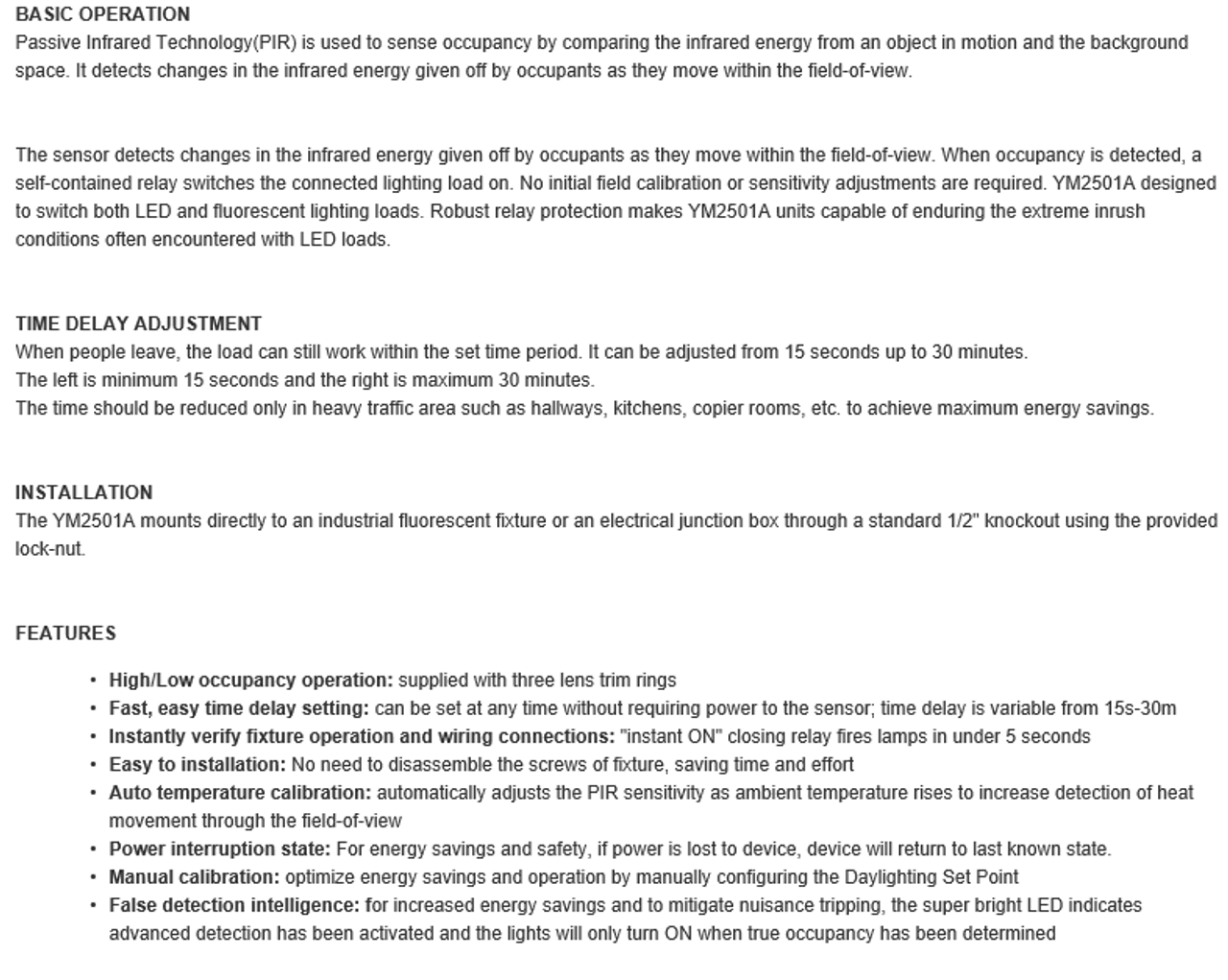YM2501A   Fixture Mount Occupancy Sensor