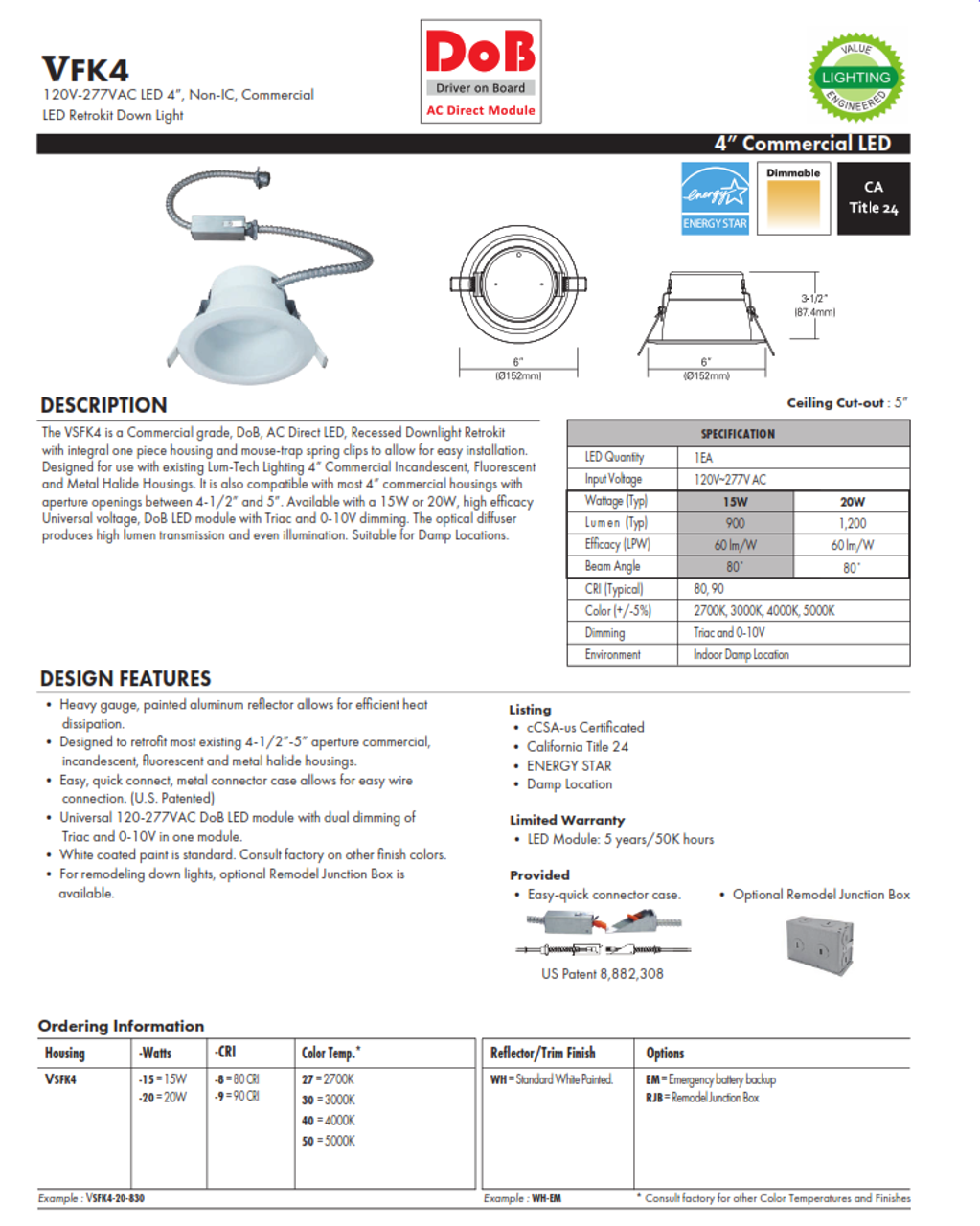 VSFK4 LED 4", Non-IC Commercial LED Retrokit Down Light, 120V-277VAC 