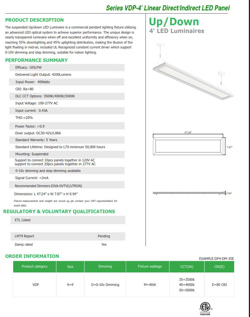 VDP4 4' LED Linear Direct/Indirect Pendant