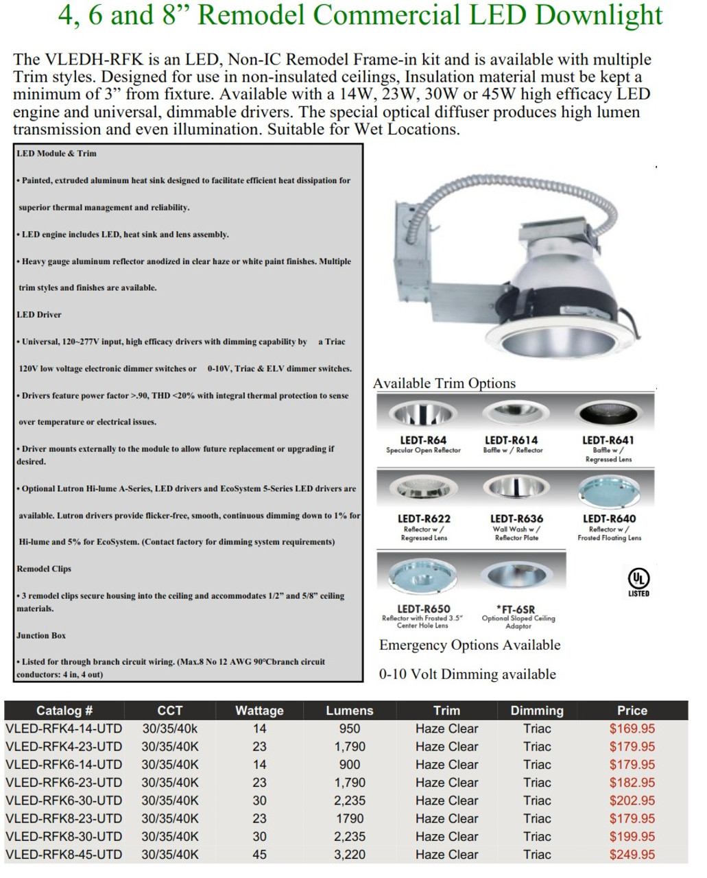 VLED-RFK -4", 6" and 8" Remodel LED Commercial Downlight