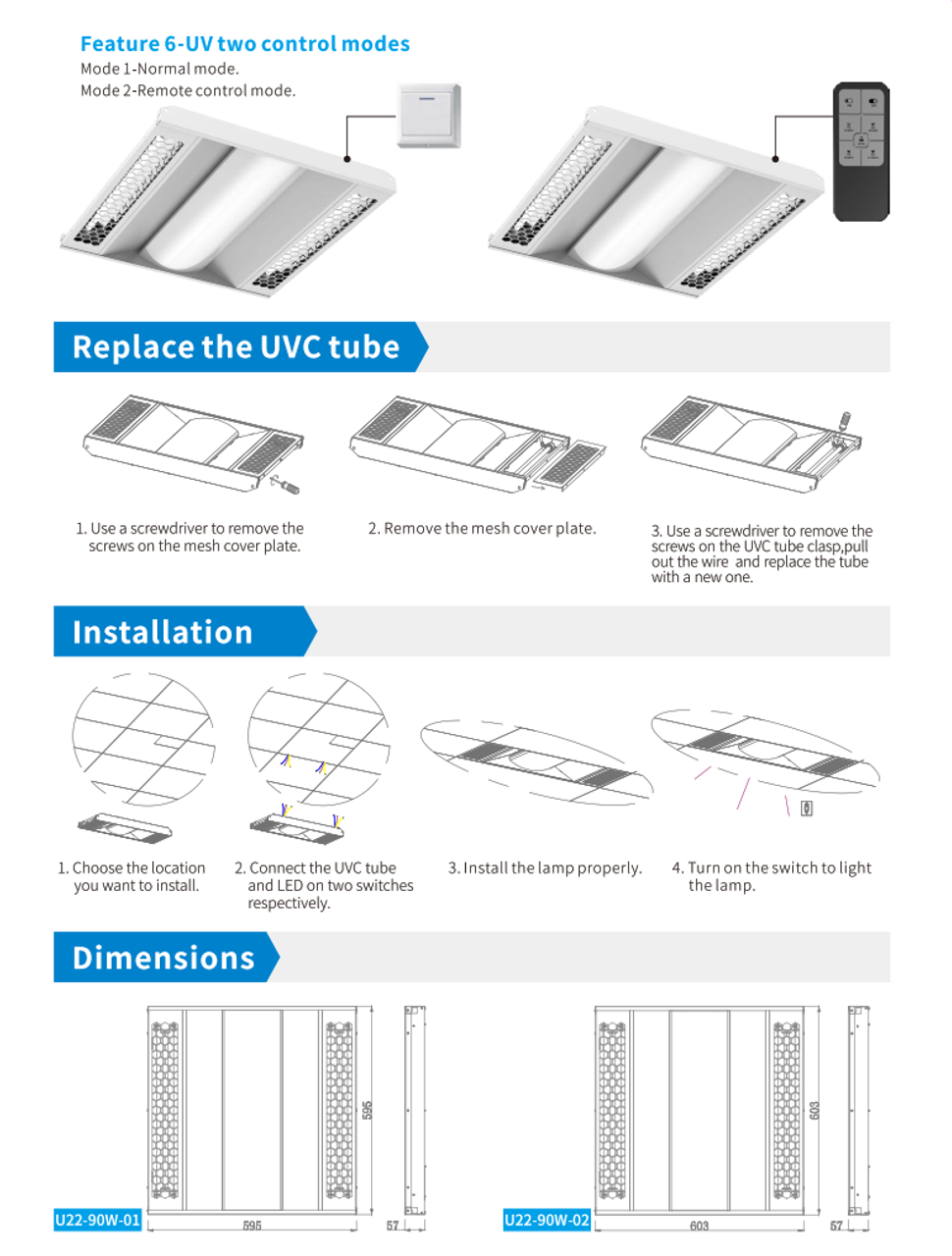 2X2 UV-C Center Lensed Recessed Troffer Light