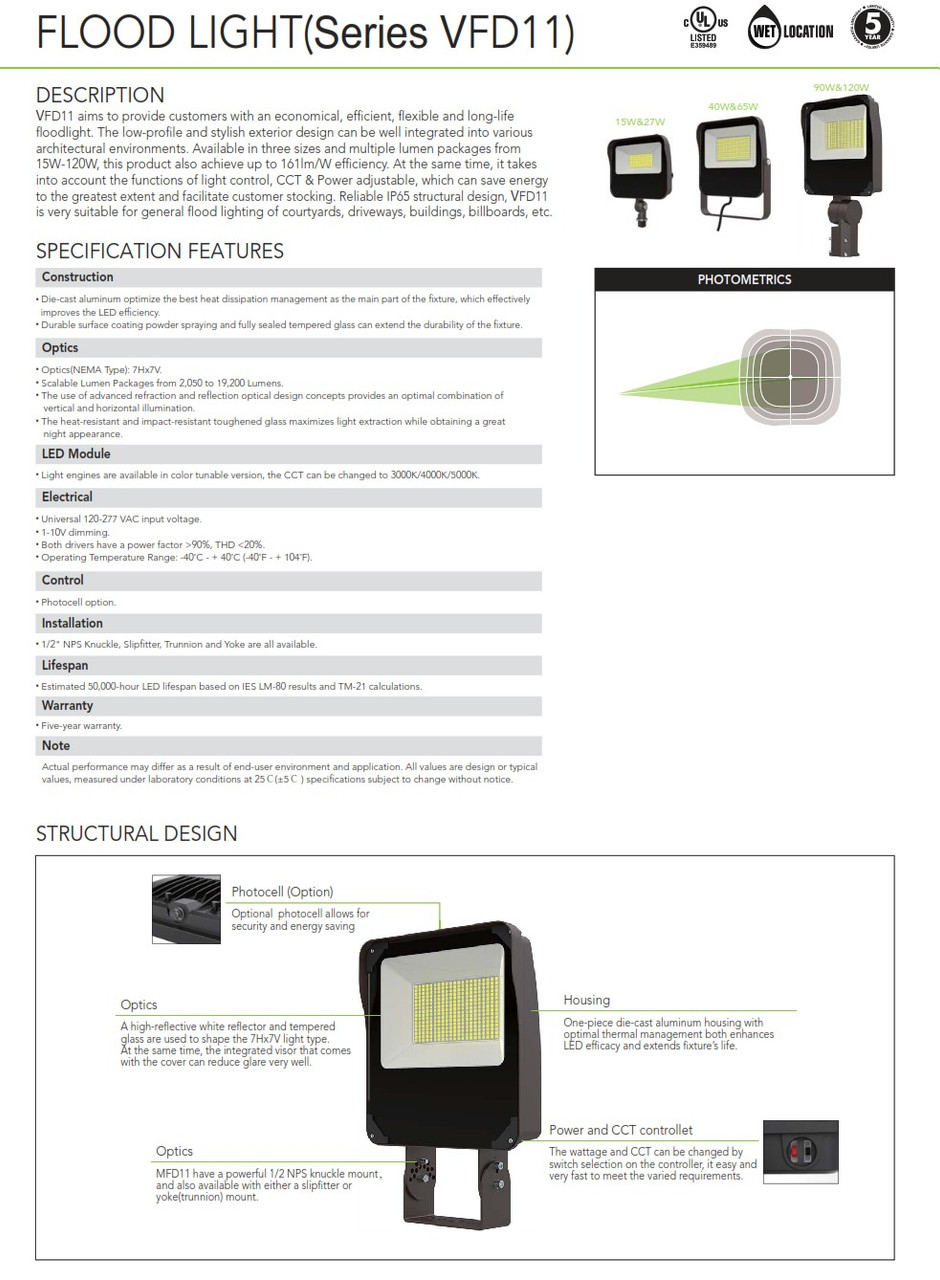 15 through 120 Watt LED Adjustable Flood Light with CCT Option