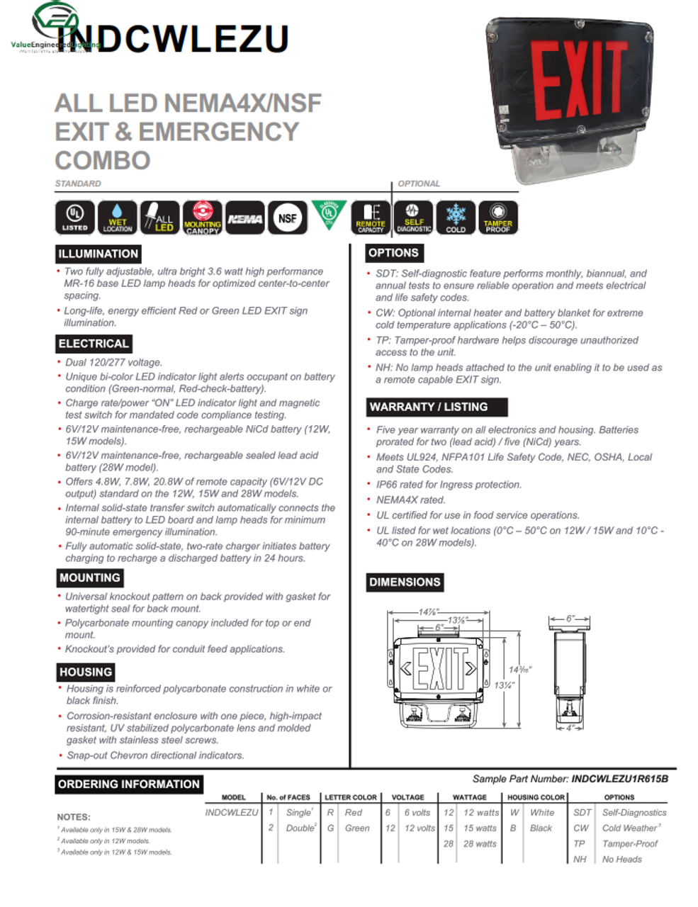 All LED NEMA4X/NSF Exit Sign and Emergency Combo