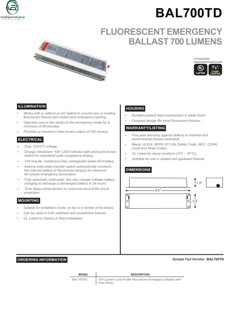 Fluorescent Emergency Ballast 700 Lumens