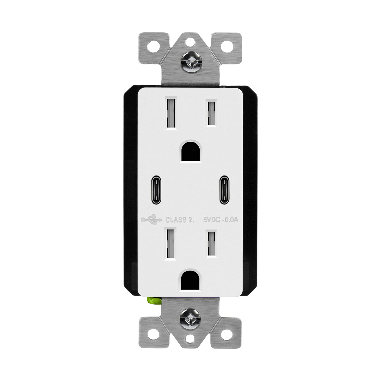 • 15A, 125 VAC, USB Type-C Port: 5V/3A each port
• Type-C port permits the cables to be inserted easily in either direction
• USB Type-C provides faster charging and is emerging as the standard port on many phones, tablets, and laptops
• Built-in smart chip recognizes each device’s individual charging requirements to optimize the charge
• Tested to withstand over 10,000 insertions
• Tamper-resistant receptacle improves child safety – built-in shutter prevents access by most non-rated/foreign objects
• Fits in a standard wall box, compatible with standard wall plates
• Back wiring
• 2-year warranty
• Model Number: 61501-2C5