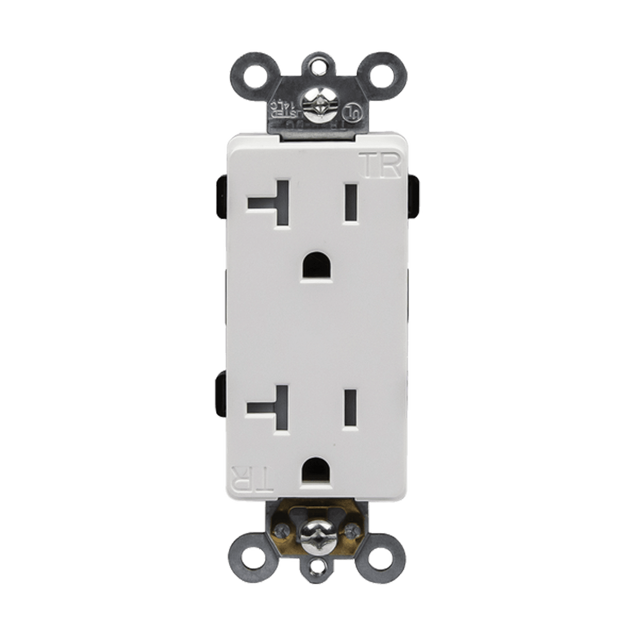 • 20A-125V 5-20R
• Made of thermoplastic material
• Tamper-resistant receptacle improves child safety – built-in shutter prevents access by most non-rated/foreign objects
• Optional grounding with self-grounding clip or green terminal screw
• Break-off tabs for easy two-circuit conversion
• Back Wired
• Removable yoke tabs for ideal alignment
• Terminal screws backed out ready for wiring
• Combination Slot/Phillips head mounting and terminal screws ease installation
• Heavy-duty impact resistant thermoplastic construction for long service life in commercial applications
• Back wiring terminals accept both solid and stranded wire to ease installation
• 2-year warranty
• Model Number: 62060-TR