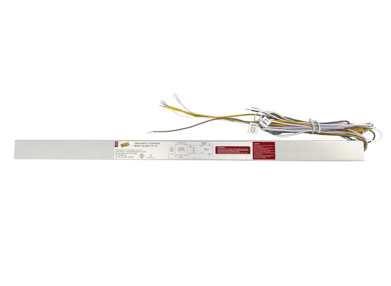 LOW PROFILE CONSTANT-POWER EMERGENCY LED DRIVER BLEMLP-CP
• Universal 120-277V, 50/60 Hz input.
• Charge/Power "ON" LED indicator light and push-to-test switch for mandated code compliance testing.
• Long-life, maintenance free, rechargeable lithium iron phosphate battery.
• Output short/overcurrent protection: Electronic limiting, with normal operation resuming upon removal of fault.
• 90-minute minimum emergency operating time over full temperature range.
• Output classification: Class 2 Compliant.
• Surge protection: Per C62.41 (TVS).
• Input overcurrent protection: Fusible link.
• 24 hour maximum battery recharge time.
• Works with or without an AC driver to convert new or exist-ing LED fixtures into unobtrusive emergency lighting.
• Provides constant power output to the load during emergency mode operation.
• Designed to operate NORMALLY-ON, NORMALLY-OFF or SWITCHED LOAD fixtures.
• LED illuminated test switch.
• Low-profile, slender galvanized steel housing.
• Compact design allows for installation inside most linear LED fixtures.
• Suitable for installation inside linear LED fixtures.
• UL Listed for factory or field installation.
• Suitable for damp locations (10°C - 55°C).
• Five year warranty on all electronics and housing.
• Meets UL924, NFPA 101 Life Safety Code, NEC, OSHA, Local and State codes.
• Certified to CEC under Title 20 regulations.