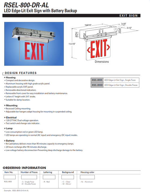 RSEL-800 Adjustable LED Edgelit Exit Sign with Battery Backup(Ceiling and Wallmount)