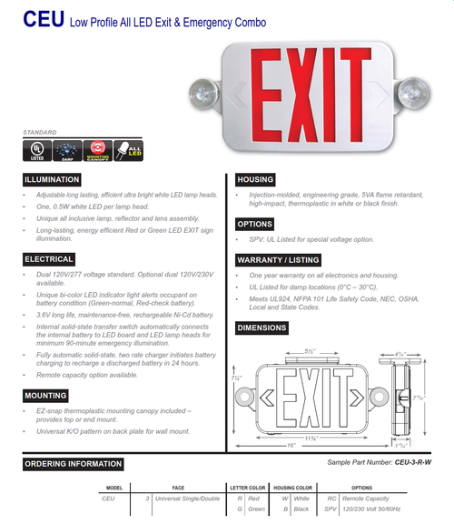 CEU Series Low Proﬁle All LED Exit & Emergency Combo