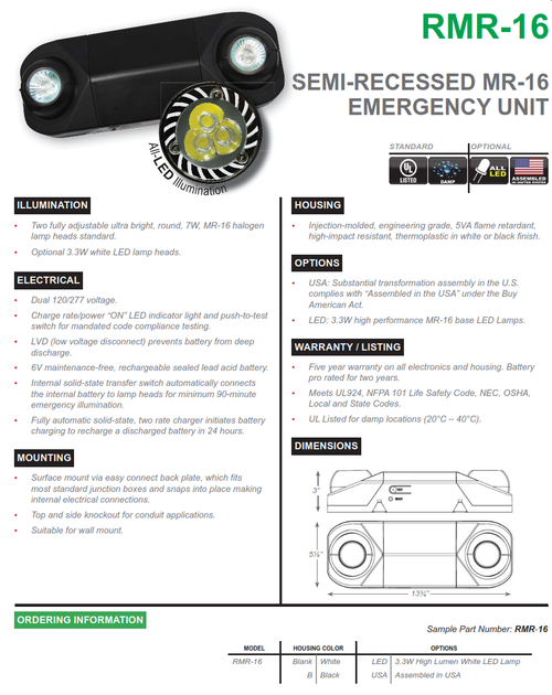 RMR-16  Semi-Recessed MR-16 Emergency Light