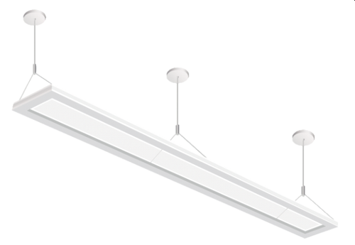 The suspended 8”x8FT Up/down LED Luminaire is a commercial pendant lighting fixture. The unique design is nearly transparent when off and excellent uniformity and efficiency when on. 4mm thick acrylic optical light guide coupled with high efficacy LEDs, precisely control  optimal  direct  indirect  light  distributions  between  the  direct  surfaces  below  and the  ambient  area  above  the  fixture,  making  the  illusion  of  the  light  floating  in  mid-air. Internal constant current driver can be easy to replaceable with 0-10V dimming input. Universal  (UNV)  voltage  is  from  100  -  277V,  50/60  Hz.  LED  color  is  available  in  3000K, 3500K, 4000K and 5000K with CRI of 80. MOUNTING Pendant, can support individual or continuous run. Tunable white function is available in 3000K,3500K and 4000K by switch.