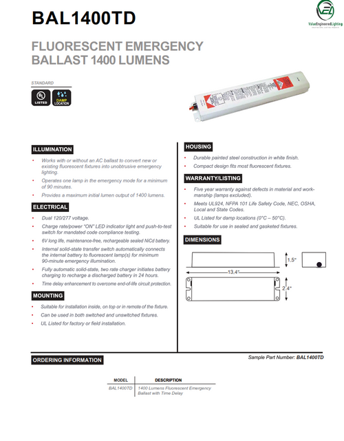 Fluorescent Emergency Ballast 1400 Lumens