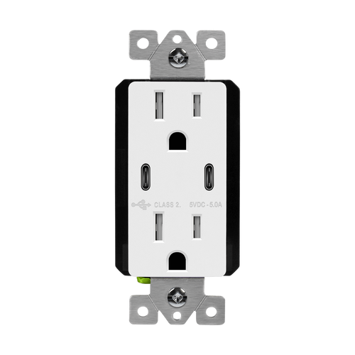 • 15A, 125 VAC, USB Type-C Port: 5V/3A each port
• Type-C port permits the cables to be inserted easily in either direction
• USB Type-C provides faster charging and is emerging as the standard port on many phones, tablets, and laptops
• Built-in smart chip recognizes each device’s individual charging requirements to optimize the charge
• Tested to withstand over 10,000 insertions
• Tamper-resistant receptacle improves child safety – built-in shutter prevents access by most non-rated/foreign objects
• Fits in a standard wall box, compatible with standard wall plates
• Back wiring
• 2-year warranty
• Model Number: 61501-2C5