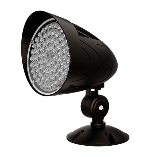 HOUSING
•  Premium powder-coat, aluminum, dark bronze housing.

ELECTRICAL
•  Operating temperature (ambient):  -40°C to 45°C (-40°F to 113°F). 
•  Universal 120-277V AC voltage (50-60Hz) is standard.
•  Built in photocell.
•  0-10VDC dimming drivers is standard.
•  Input transient surge protection = 4kV.
•  Power factor > 0.90.
•  Total Harmonic distortion < 20%. 
OPTICAL SYSTEM
•  Polycarbonate frosted lens.
•  Field selectable 3000k(warm white), 4000k (neutral white) and 5000k (cool white) color temperatures*.
•  Tri-lumen selectable delivers 3,000 to 4,500 nominal lumens*.
•  Long-life LEDs provide 151,000 hours of operation with at least 70% of initial lumen output (L70)，and 45,000 hours with at least 90% of initial lumen output (L90)**.
•  Beam angle 3H3V distribution.
•  LED color maintenance < -0.00156 chromaticity shift (Δu’v’) over the initial 6,000 hours of operation.
•  Color rendering index > 70.
MOUNTING
•  Knuckle mount kit is standard (Fit 1/2“ NPT).
•  Optional Line Voltage Ground Stake
•  Easy installation in new construction or retrofit.
CODE COMPLIANCE
•  cULus listed for wet locations.
•  DLC premium listed.
•  Complies with FCC part 15, class A.
•  IP65 rated for ingress protection.
WARRANTY
•  5 year warranty on all electronics and housing.