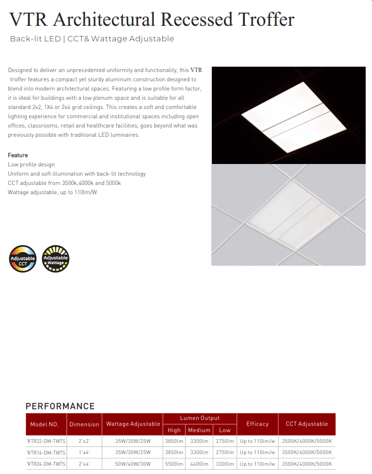 1x4, 2x2 and 2x4 LED Floating Curved Recessed Troffer Light