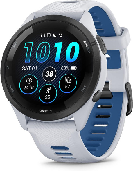  Garmin Forerunner 265 Music Smartwatch - Black Bezel with Whitestone Case and Whitestone/Tidal Blue Silicone Band | 010-02810-11 