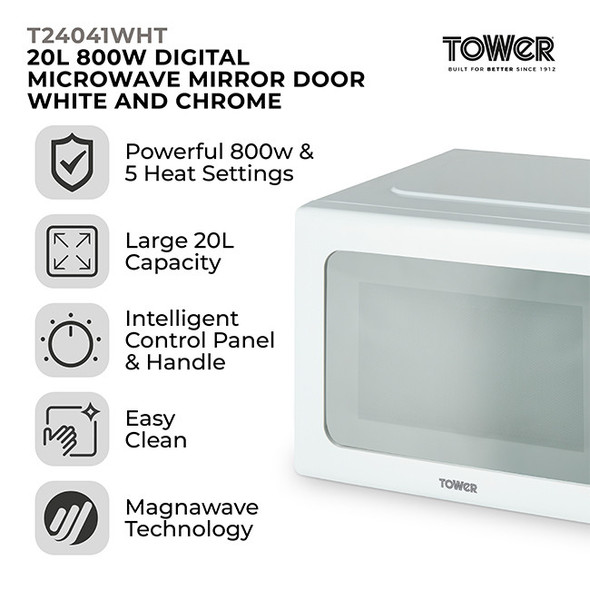  Tower T24041WHT 20L 800W Digital Microwave Mirror Door | White and Chrome 