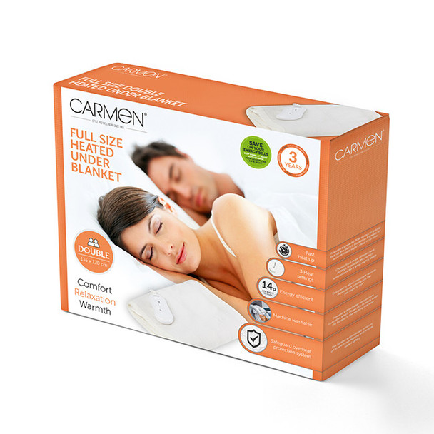  Carmen C81196 Full Size Double Heated Under Blanket with Overheat Protection | White 