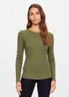 THE UPSIDE green olive Chrissy Long Sleeve top made from organic cotton is designed for a slim fit and features ribbed fabrication, crew neck and an embroidered tonal arrow logo.