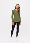 THE UPSIDE green olive Chrissy Long Sleeve top made from organic cotton is designed for a slim fit and features ribbed fabrication, crew neck and an embroidered tonal arrow logo.