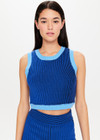 THE UPSIDE Nirvana Mahalia Top in Cobalt Blue is a sustainable organic cotton two tone ribbed knitted top with contrast top stitching detail and a cropped high neck shape.