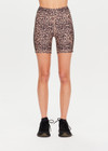 THE UPSIDE Ryker 6inch Spin Short in Leopard print is a sustainable mid-rise 6inch length spin short with contrast printed arrow at centre back and striped elastic down sides.