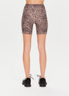 THE UPSIDE Ryker 6inch Spin Short in Leopard print is a sustainable mid-rise 6inch length spin short with contrast printed arrow at centre back and striped elastic down sides.
