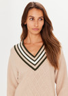 THE UPSIDE Pilot Louie Sweater Pebble Brown is a sustainable organic cotton knit sweater with a deep “V” neckline and knitted stripes through the rib cuffs, neckline and hem.