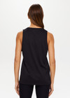THE UPSIDE Black Quick Dry Sarah Tank is made from a recycled dri release fabrication in black and designed for a relaxed fit and features sweat wicking and quick drying properties.