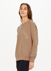 THE UPSIDE women’s brown Newport Crew, made with organic cotton french terry fabric, features a relaxed-fit, rib neck, cuffs and waist, and a tonal printed horseshoe logo on front.