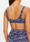 THE UPSIDE women’s indigo abstract-print Yukimi Rory Bra made with Recycled Rib fabric, a mid coverage bra, features scooped square neck, straight back straps, removable cups and moisture wicking properties
