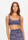 THE UPSIDE women’s indigo abstract-print Yukimi Rory Bra made with Recycled Rib fabric, a mid coverage bra, features scooped square neck, straight back straps, removable cups and moisture wicking properties