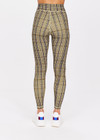 THE UPSIDE women's check La Paz 25 Inch Midi Pant made in Recycled Soft Peached features a mid-rise fit, 25 inch leg length, printed check pattern, printed arrow logo at back and moisture wicking properties; perfect for yoga, pilates or barre.