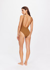 THE UPSIDE women's brown tobacco Sands Claudina One Piece is fully lined and features textured fabrication with gold lurex thread, scoop neck, lower back and bagged out edges for a soft and comfortable fit.