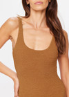 THE UPSIDE women's brown tobacco Sands Claudina One Piece is fully lined and features textured fabrication with gold lurex thread, scoop neck, lower back and bagged out edges for a soft and comfortable fit.