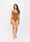 THE UPSIDE women's brown tobacco Sands Claudina One Piece is fully lined and features textured fabrication with gold lurex thread, scoop neck, lower back and bagged out edges for a soft and comfortable fit.