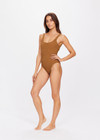 THE UPSIDE women's brown tobacco Sands Claudina One Piece is fully lined and features textured fabrication with gold lurex thread, scoop neck, lower back and bagged out edges for a soft and comfortable fit.