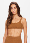 THE UPSIDE women's brown tobacco Sands Rory Bra is fully lined, made from a luxe cream textured fabrication with gold lurex threads and features straight back straps, scooped square neck, removable bust cups and bagged out edges for a soft, comfortable fit.