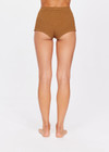 THE UPSIDE women's brown tobacco Sands Fox Shortie is a cheeky boyleg short in luxe cream textured fabrication with gold lurex thread, fully lined and features a thin, soft elasticated mid rise waistband and flattering scooped legline.