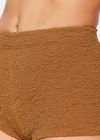 THE UPSIDE women's brown tobacco Sands Fox Shortie is a cheeky boyleg short in luxe cream textured fabrication with gold lurex thread, fully lined and features a thin, soft elasticated mid rise waistband and flattering scooped legline.