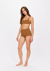 THE UPSIDE women's brown tobacco Sands Fox Shortie is a cheeky boyleg short in luxe cream textured fabrication with gold lurex thread, fully lined and features a thin, soft elasticated mid rise waistband and flattering scooped legline.