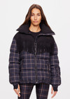 THE UPSIDE women's black check Lumiere Fox Puffer Jacket is made with recycled fabric, for a relaxed fit. This puffer is fully lined and insulated with polar fleece, ideal for the snow.