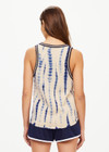 THE UPSIDE women's creme and navy tie dye Wishbone Emma Knitted Tank is made with 100% organic cotton. Designed for leisure this lightweight tank features a stripy ribbed neckline.