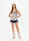 THE UPSIDE women's creme and navy tie dye Wishbone Emma Knitted Tank is made with 100% organic cotton. Designed for leisure this lightweight tank features a stripy ribbed neckline.